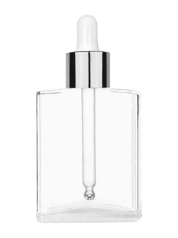 Elegant design 60 ml, 2oz  clear glass bottle  with white dropper with shiny silver collar cap.