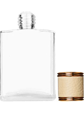 Elegant design 60 ml, 2oz  clear glass bottle  with reducer and ivory faux leather cap.