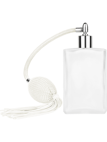 Elegant design 100 ml, 3 1/2oz frosted glass bottle with White vintage style bulb sprayer with tassel with shiny silver collar cap.