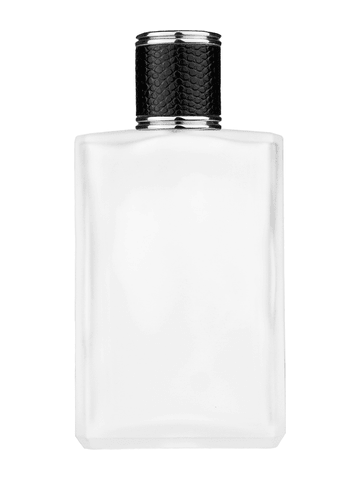 Elegant design 100 ml, 3 1/2oz frosted glass bottle with reducer and black faux leather cap.