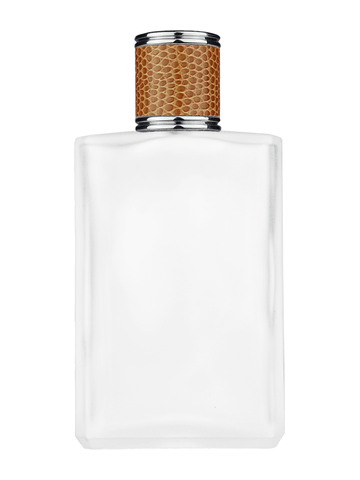 Elegant design 100 ml, 3 1/2oz frosted glass bottle with reducer and brown faux leather cap.