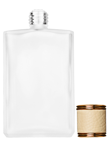 Elegant design 100 ml, 3 1/2oz frosted glass bottle with reducer and ivory faux leather cap.