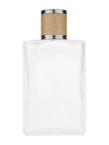 Elegant design 100 ml, 3 1/2oz frosted glass bottle with reducer and light brown faux leather cap.