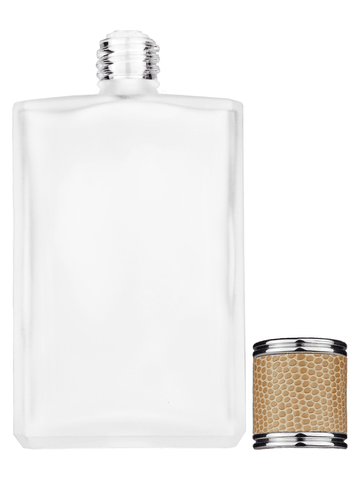 Elegant design 100 ml, 3 1/2oz frosted glass bottle with reducer and light brown faux leather cap.