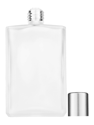 Elegant design 100 ml, 3 1/2oz frosted glass bottle with reducer and tall silver matte cap.