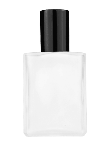 Elegant design 15ml, 1/2oz frosted glass bottle with metal roller ball plug and black shiny cap.