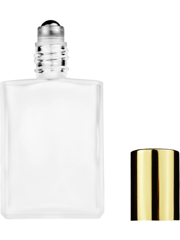 Elegant design 15ml, 1/2oz frosted glass bottle with metal roller ball plug and shiny gold cap.