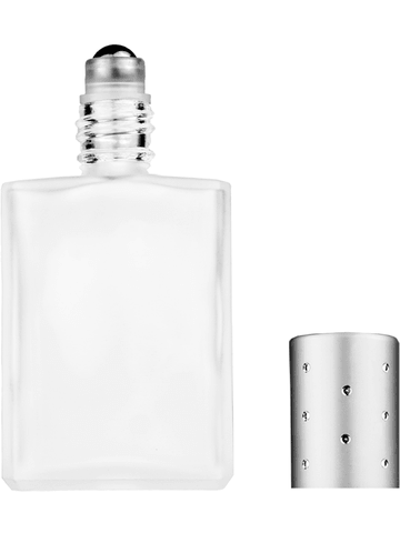 Elegant design 15ml, 1/2oz frosted glass bottle with metal roller ball plug and silver cap with dots.