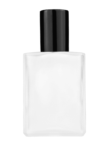 Elegant design 15ml, 1/2oz frosted glass bottle with plastic roller ball plug and black shiny cap.