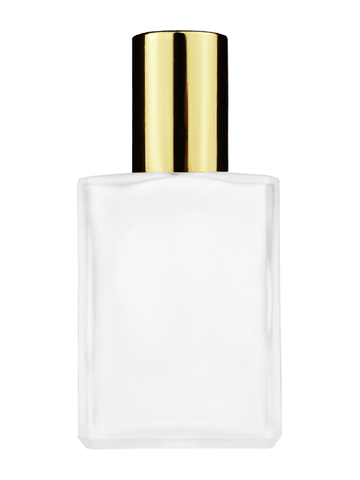 Elegant design 15ml, 1/2oz frosted glass bottle with plastic roller ball plug and shiny gold cap.