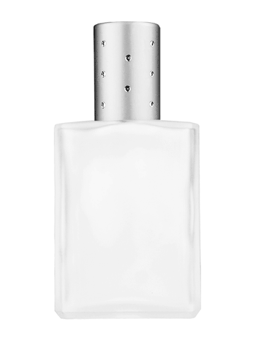 Elegant design 15ml, 1/2oz frosted glass bottle with plastic roller ball plug and silver cap with dots.