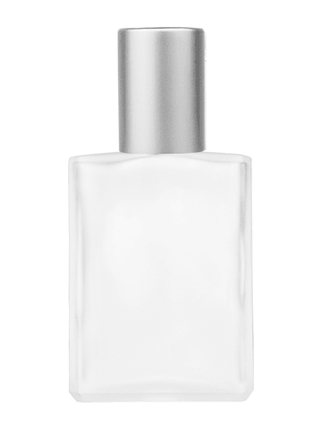 Elegant design 15ml, 1/2oz frosted glass bottle with plastic roller ball plug and matte silver cap.