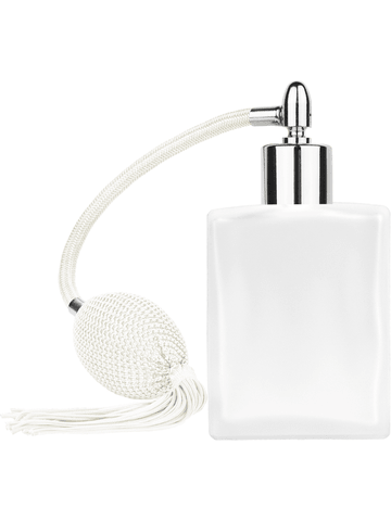 Elegant design 60 ml, 2oz frosted glass bottle with White vintage style bulb sprayer with tassel with shiny silver collar cap.