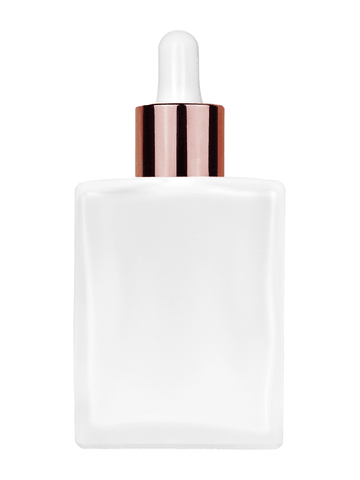 Elegant design 60 ml, 2oz frosted glass bottle with white dropper with shiny copper collar cap.