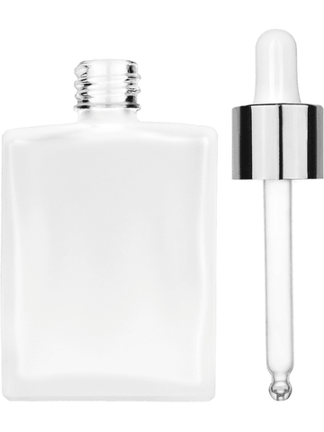 Elegant design 60 ml, 2oz frosted glass bottle with white dropper with shiny silver collar cap.