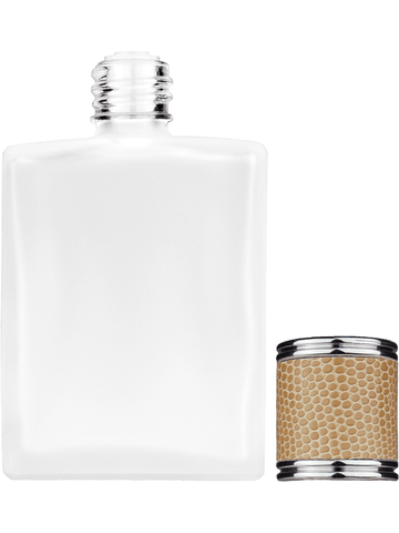 Elegant design 60 ml, 2oz frosted glass bottle with reducer and light brown faux leather cap.