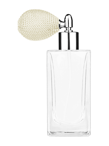 Empire design 100 ml, 3 1/2oz  clear glass bottle  with ivory vintage style bulb sprayer with shiny silver collar cap.