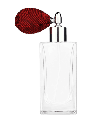 Empire design 100 ml, 3 1/2oz  clear glass bottle  with red vintage style bulb sprayer with shiny silver collar cap.