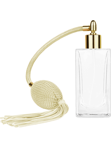 Empire design 100 ml, 3 1/2oz  clear glass bottle  with Ivory vintage style bulb sprayer with tassel with shiny gold collar cap.