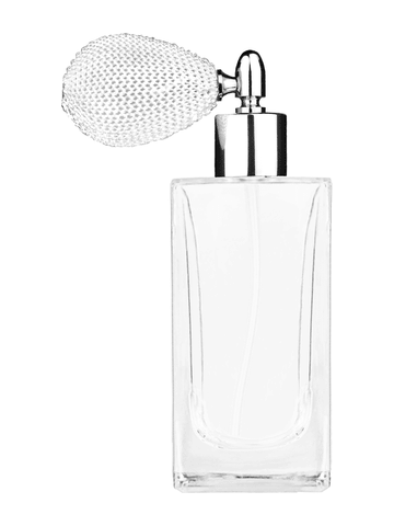 Empire design 100 ml, 3 1/2oz  clear glass bottle  with white vintage style bulb sprayer with shiny silver collar cap.