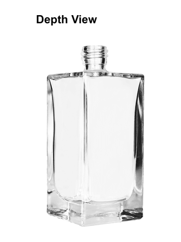 Empire design 100 ml, 3 1/2oz  clear glass bottle  with reducer and black faux leather cap.