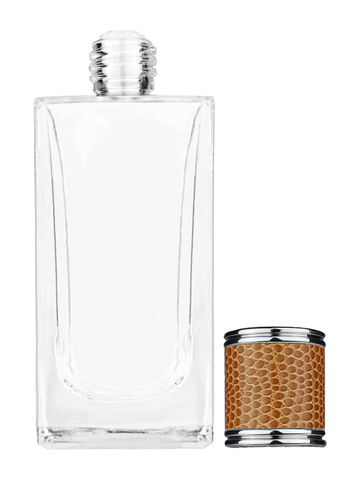 Empire design 100 ml, 3 1/2oz  clear glass bottle  with reducer and brown faux leather cap.