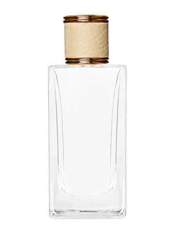 Empire design 100 ml, 3 1/2oz  clear glass bottle  with reducer and ivory faux leather cap.