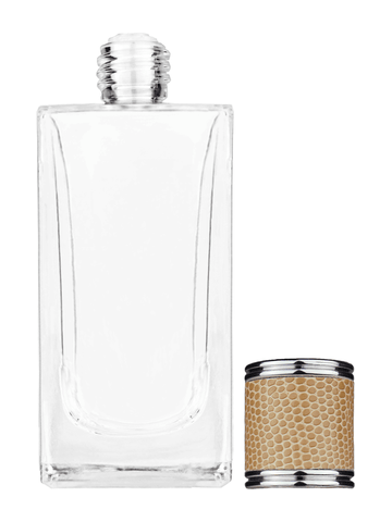 Empire design 100 ml, 3 1/2oz  clear glass bottle  with reducer and light brown faux leather cap.