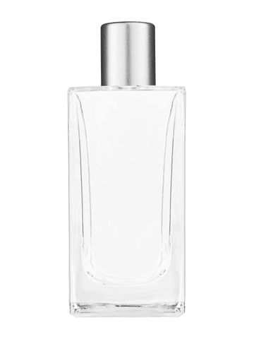 Empire design 100 ml, 3 1/2oz  clear glass bottle  with reducer and tall silver matte cap.