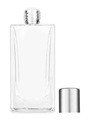 Empire design 100 ml, 3 1/2oz  clear glass bottle  with reducer and tall silver matte cap.