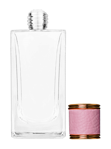 Empire design 100 ml, 3 1/2oz  clear glass bottle  with reducer and pink faux leather cap.