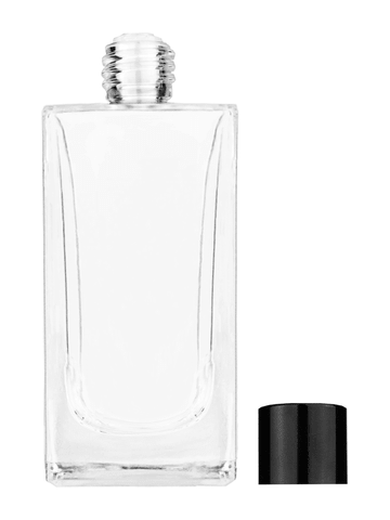 Empire design 100 ml, 3 1/2oz  clear glass bottle  with reducer and black shiny cap.