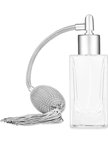 Empire design 50 ml, 1.7oz  clear glass bottle  with Silver vintage style bulb sprayer with tassel with matte silver collar cap.