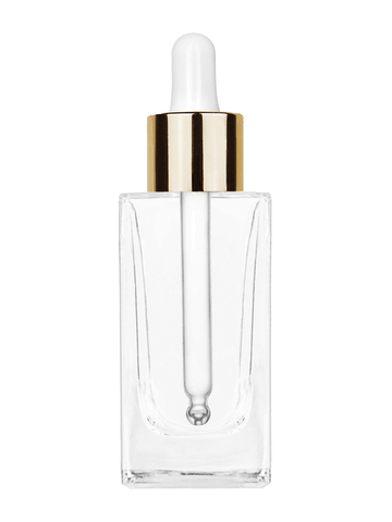 Empire design 50 ml, 1.7oz  clear glass bottle  with white dropper with shiny gold collar cap.