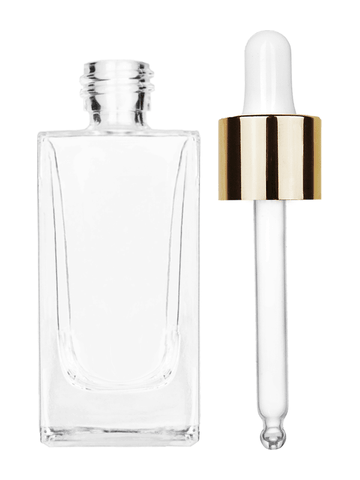 Empire design 50 ml, 1.7oz  clear glass bottle  with white dropper with shiny gold collar cap.