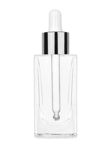 Empire design 50 ml, 1.7oz  clear glass bottle  with white dropper with shiny silver collar cap.