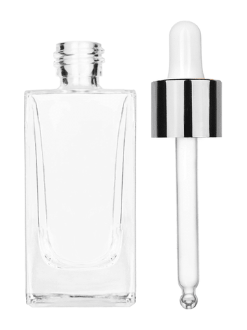 Empire design 50 ml, 1.7oz  clear glass bottle  with white dropper with shiny silver collar cap.