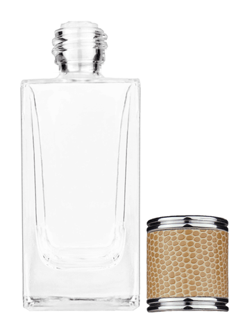 Empire design 50 ml, 1.7oz  clear glass bottle  with reducer and light brown faux leather cap.