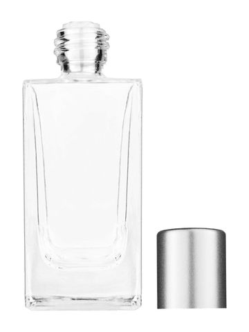 Empire design 50 ml, 1.7oz  clear glass bottle  with reducer and tall silver matte cap.