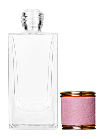 Empire design 50 ml, 1.7oz  clear glass bottle  with reducer and pink faux leather cap.