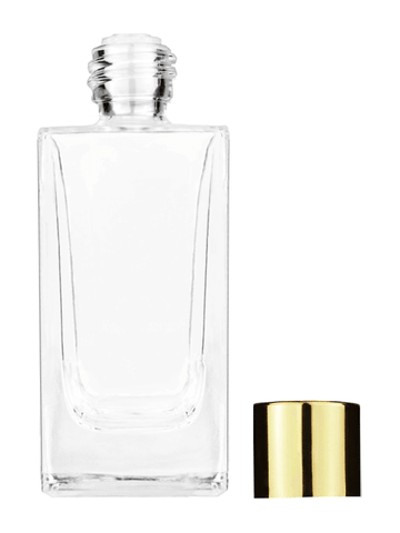 Empire design 50 ml, 1.7oz  clear glass bottle  with reducer and shiny gold cap.