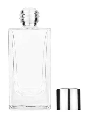 Empire design 50 ml, 1.7oz  clear glass bottle  with reducer and shiny silver cap.