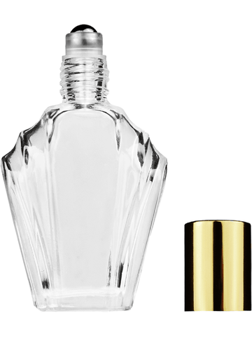 Flair design 13ml Clear glass bottle with metal roller ball plug and shiny gold cap.