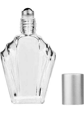 Flair design 13ml Clear glass bottle with metal roller ball plug and matte silver cap.