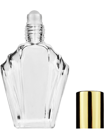 Flair design 13ml Clear glass bottle with plastic roller ball plug and shiny gold cap.