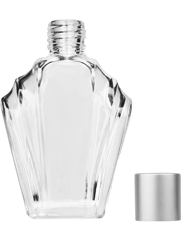 Empty Clear glass bottle with short matte silver cap capacity: 13ml. For use with perfume or fragrance oil, essential oils, aromatic oils and aromatherapy.