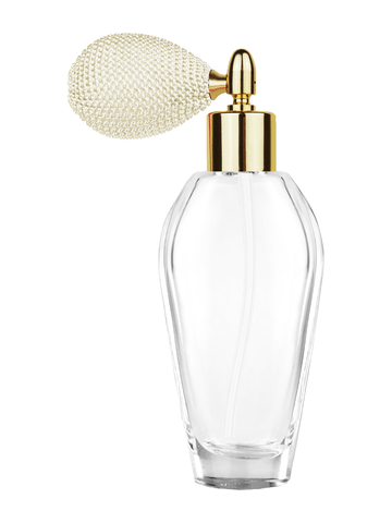 Grace design 55 ml, 1.85oz  clear glass bottle  with ivory vintage style bulb sprayer with shiny gold collar cap.