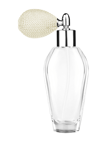 Grace design 55 ml, 1.85oz  clear glass bottle  with ivory vintage style bulb sprayer with shiny silver collar cap.