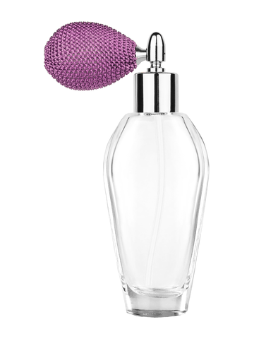 Grace design 55 ml, 1.85oz  clear glass bottle  with lavender vintage style bulb sprayer with shiny silver collar cap.