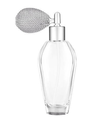 Grace design 55 ml, 1.85oz  clear glass bottle  with matte silver vintage style sprayer with matte silver collar cap.